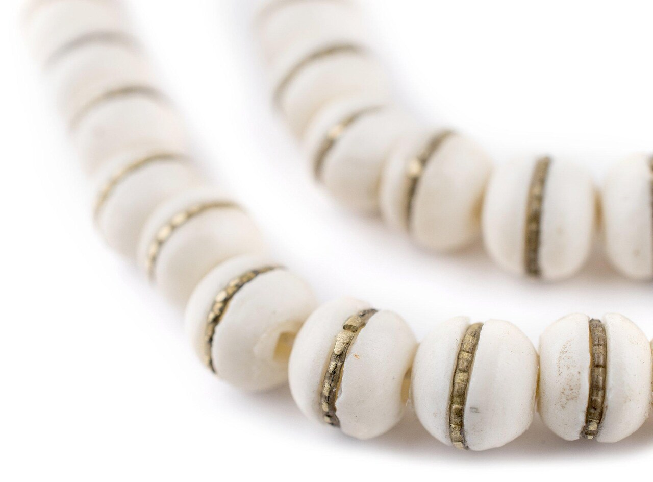 The Bead Chest Brass-Inlaid White Bone Mala Beads (10mm): Nepal Spacers Buddhist Tibetan Prayer Beads
